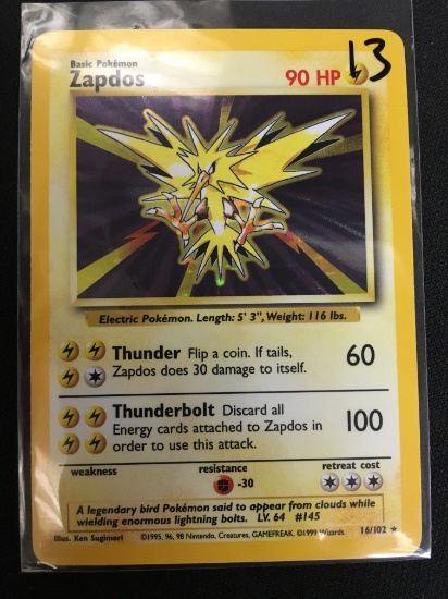 Pokemon Zapdos Base Set Holofoil Card 16/102