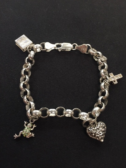 Italian Made Sterling Silver 8" Rolo Charm Bracelet w/ Charms