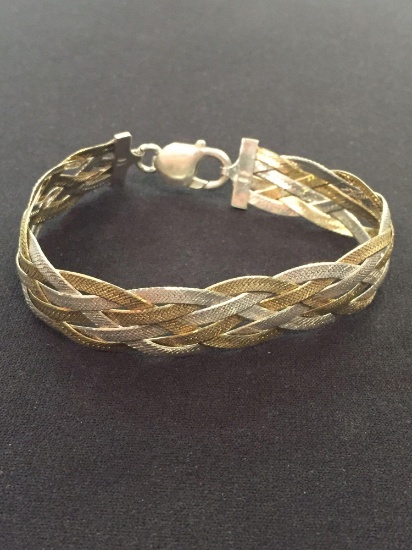 Italian Made Two-Tone Braided Herringbone Sterling Silver 8" Bracelet