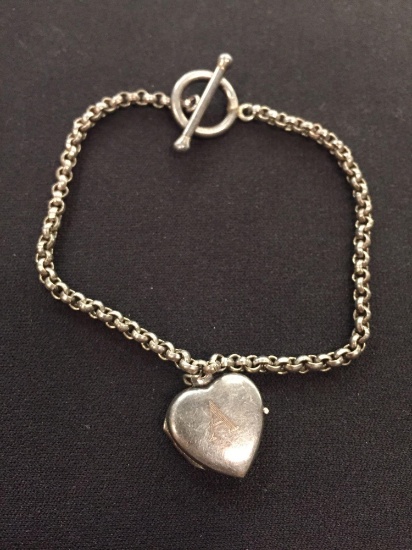 Sterling Silver Rolo Link 8" Bracelet w/ Heart Locket