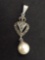 Vintage Marchasite Sterling Silver Pearl Drop Pendant