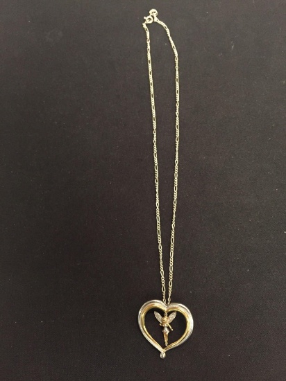 Large Two-Tone Open Heart Pendant w/ Diamond Accented "Tinkerbell" & 16" Figaro Chain