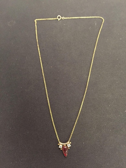 Gold-Tone Vintage Pear Garnet & White Sapphire Pendant w/ 18" Cable Chain