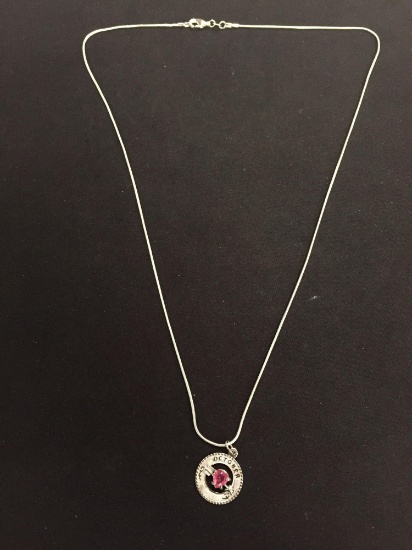 "October" Sterling Silver Pink Sapphire Heart Pendant w/ 24" Snake Chain