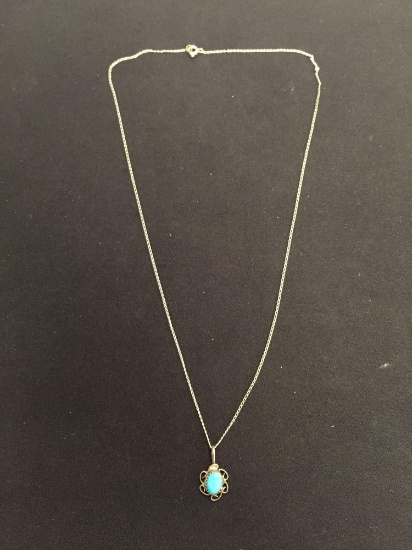 Vintage Handmade Sterling Silver Turquosie Pendant w/ 18" Curb Link Chain