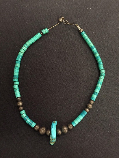 Old Pawn Native American Hand-Strung Turquose & Sterling Silver 14" Bead Necklace