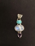 Old Pawn Native American Moonstone, Amethyst & Turquoise Sterling Silver Pendant