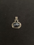 Vintage Horizontal Bezet Set Black Tiger's Eye Cabochon Sterling Silver Pendant