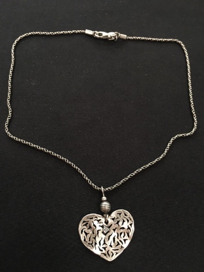 Vintage Handmade Sterling Silver Filigree Heart Pendant w/ 16" Rope Chain