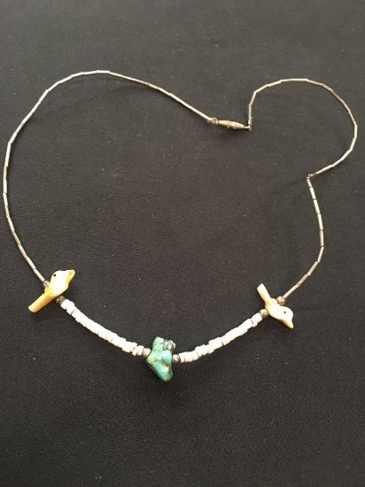 Hand-Strung Sterling Silver & Turquoise 16" Necklace w/ Carved Dove Agate Beads