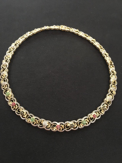 Sterling Silver 18" Lace Link Necklace w/ Sapphire, Ruby, Emerald & Diamond Accents - 36 Grams