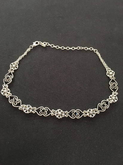 Black Diamond Studded Vintage Lace Link 16" Sterling Silver Necklace