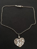Vintage Handmade Sterling Silver Filigree Heart Pendant w/ 16