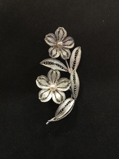 Sterling Silver Lace Flower Brooch w/ Pearl Accents