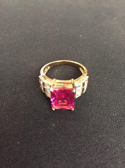 Pink & White Gemstone Sterling Silver Cocktail Ring - Size 7.75