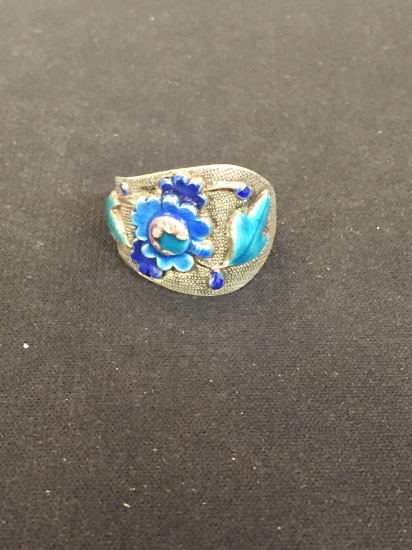 Vintage Sterling Silver & Enamel Flower Ring - Size 8.5