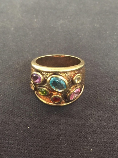 Multi Gemstone Gold Tone Sterling Silver Wide Ring - Size 9