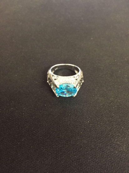 Stunning Blue Gemstone Sterling Silver Cocktail Ring - Size 6.75