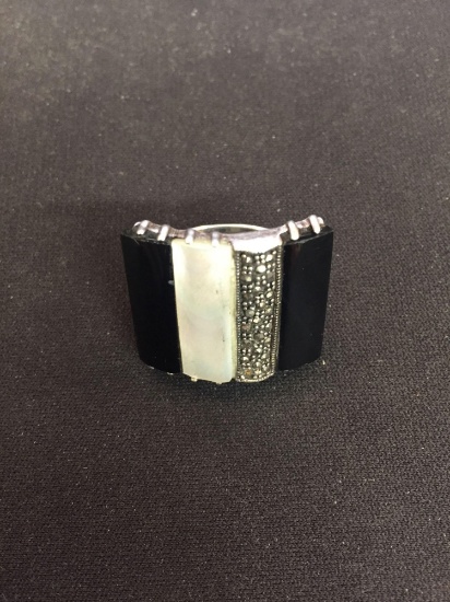 Black Onyx, Mother of Pearl, & Marcasite Statement Ring - Size 6.5