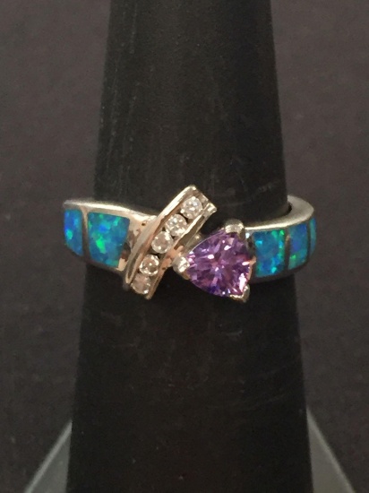 Amethyst & Fire Opal Sterling Silver Ring - Size 6