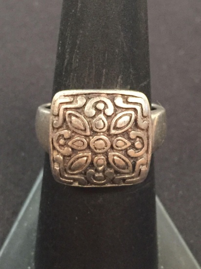 Bali Style Carved Sterling Silver Ring - Size 7.5