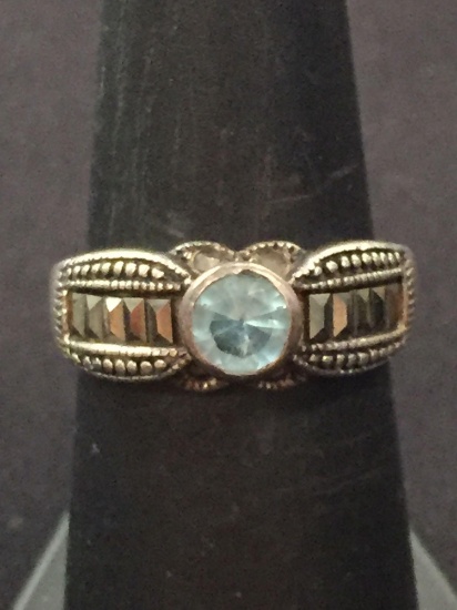 Blue Topaz & Marcasite Sterling Silver Ring - Size 7