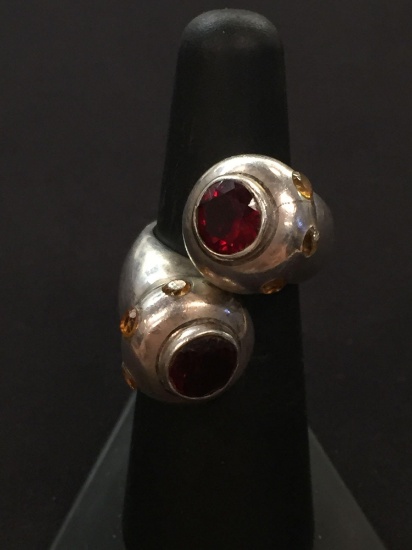 Red Garnet & Citrine Sterling Silver Heavy Open Ring - Size 6