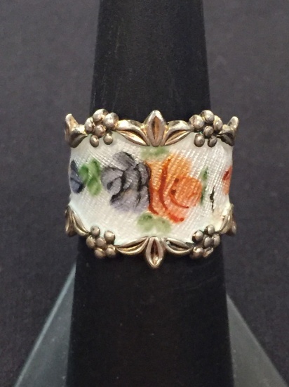 Floral Enamel Sterling Silver Ring - Size 6.5