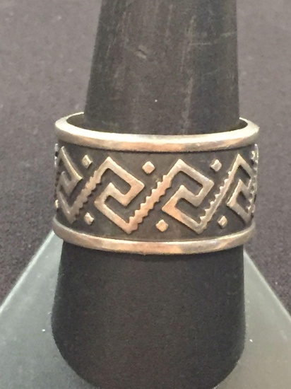 Native Style Carved Sterling Silver Wide Ring Band - Size 10.5