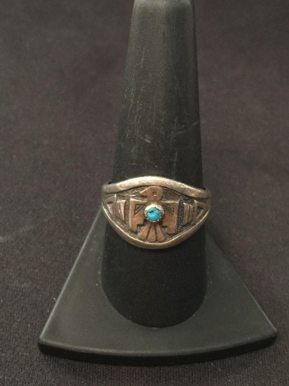 Old Pawn Sterling Silver & Turquoise Thunderbird Ring - Size 9.25