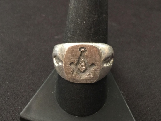 RARE Vintage Carved Sterling Silver Masonic Freemason Ring - Size 10