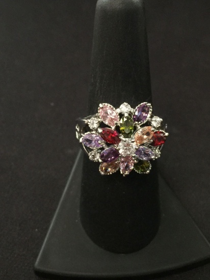 Multi Gemstone Cluster Sterling Silver Cocktail Ring - Size 7