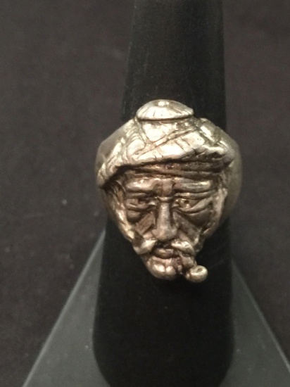 Antique Carved Silver Fisherman W/ Pipe Ring - Size 7