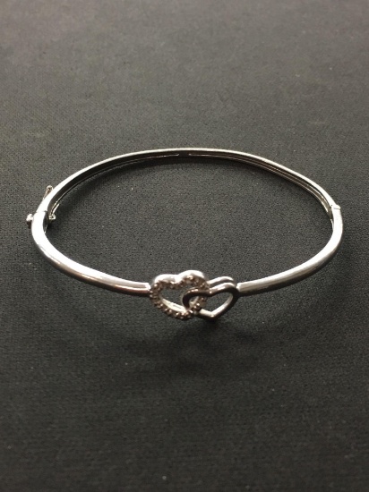Diamond Accented Double Heart Sterling Silver Hinged Bangle Bracelet