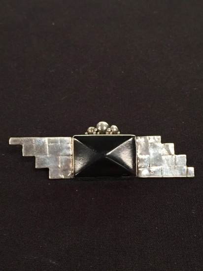 Modern Styled Old Pawn Mexico Sterling Silver Onyx Brooch