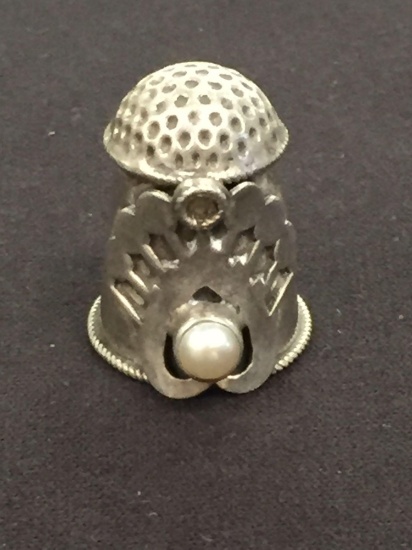 Antique Sterling Silver Thimble w/ Decorative Pearl Accent