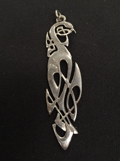 Long Handmade Sterling Silver Tribal Motif Pendant