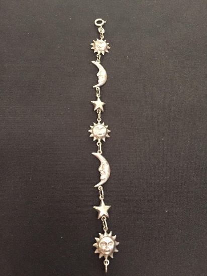 "Man in the Moon & Sun" Motif Sterling Silver 8" Link Bracelet