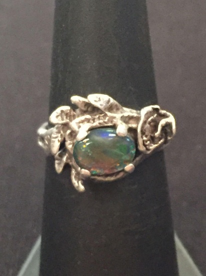 Fire Opal Sterling Silver Floral Ring - Size 6