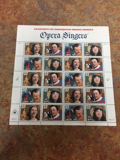 Unused Uncut Sheet of 20 Opera Singers Legends of American Music Stamps - $6.40 Face Value