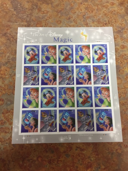 Unused Uncut Sheet of 20 USA The Art of Disney Magic Stamps - $8.20 Face Value