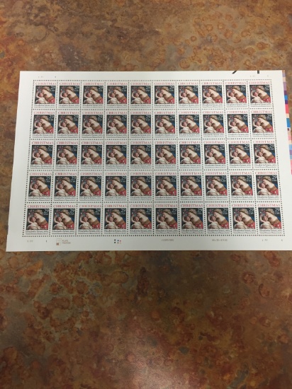 Unused Uncut Sheet of 50 USA Christmas Stamps - $14.50 Face Value