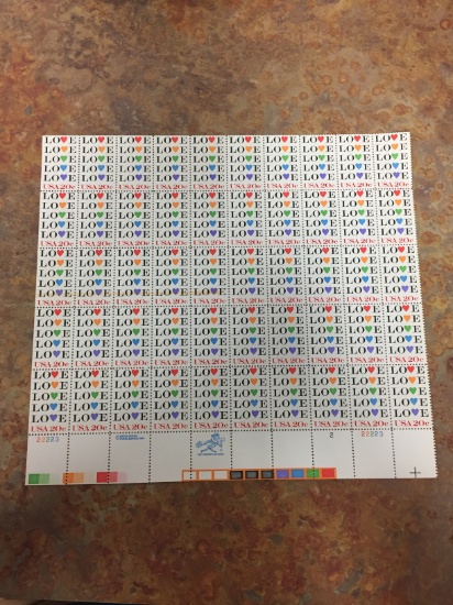 Unused Uncut Sheet of 50 USA LOVE Stamps - $10.00 Face Value