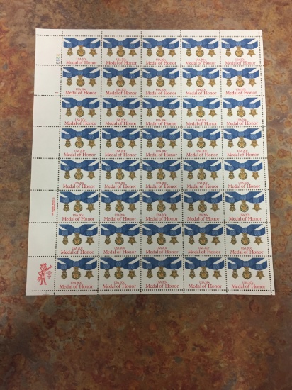 Unused Uncut Sheet of 50 USA Medal of Honor Stamps - $10.00 Face Value