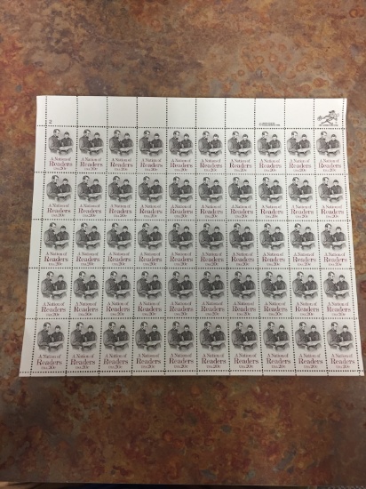 Unused Uncut Sheet of 50 USA A Nation of Readers Stamps - $10.00 Face Value
