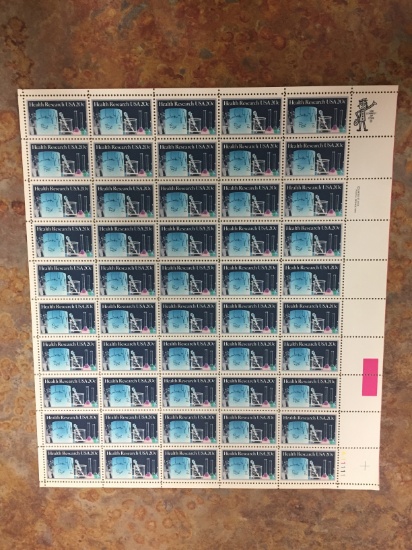 Unused Uncut Sheet of 50 USA Health Research Stamps - $10.00 Face Value