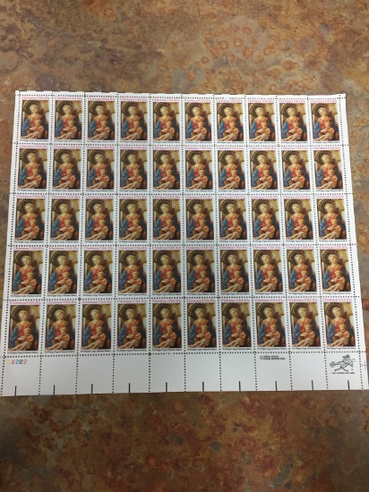 Unused Uncut Sheet of 50 USA Christmas Stamps - $10.00 Face Value