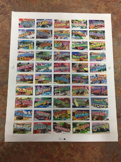 Unused Uncut Sheet of 50 USA States Stamps - $17.00 Face Value