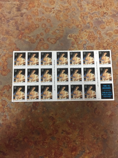 Unused Uncut Sheet of 20 USA Christmas Stamps with Virgin Mary - $6.40 Face Value