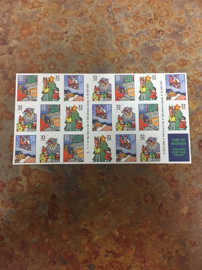 Unused Uncut Sheet of 20 USA Christmas Stamps - $6.40 Face Value